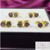 Natural Blue Fire Labradorite Stud, Rough Labradorite Stud Earrings, Electroplated Jewelry, Gold Plated Earring, Wedding Bridesmaid Gifts,